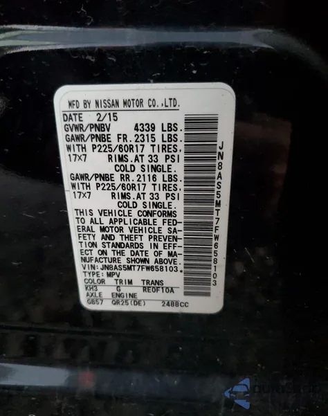 2015 Nissan Rogue Select S z USA, uszkodzony, nr VIN JN8AS5MT7FW658103